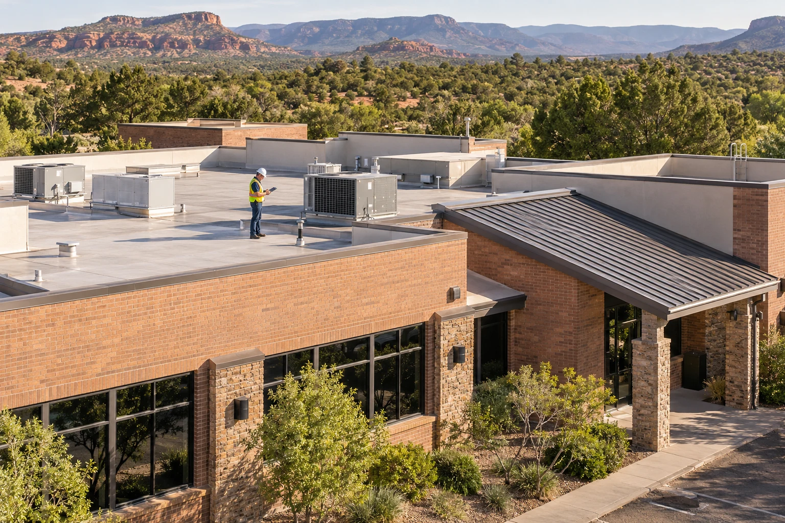 Roofing professional on a commercial property with flat and metal roof sections