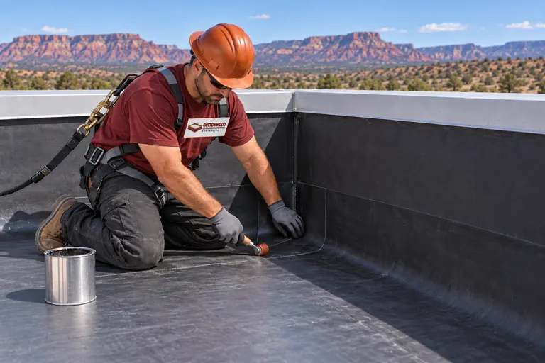 Roofer flashing an inside corner where black EPDM meets a parapet wall