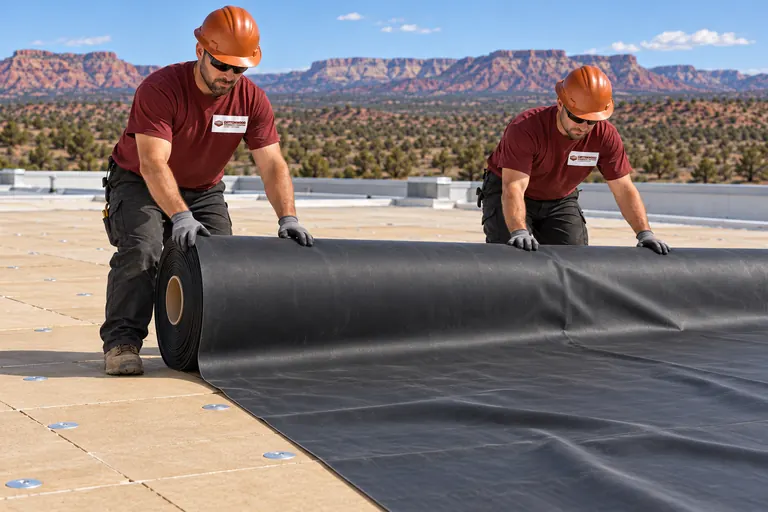 Crew unrolling a large black EPDM sheet over cover board on a flat roof