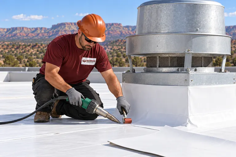 Roofer sealing membrane flashing around a large rooftop exhaust-fan curb