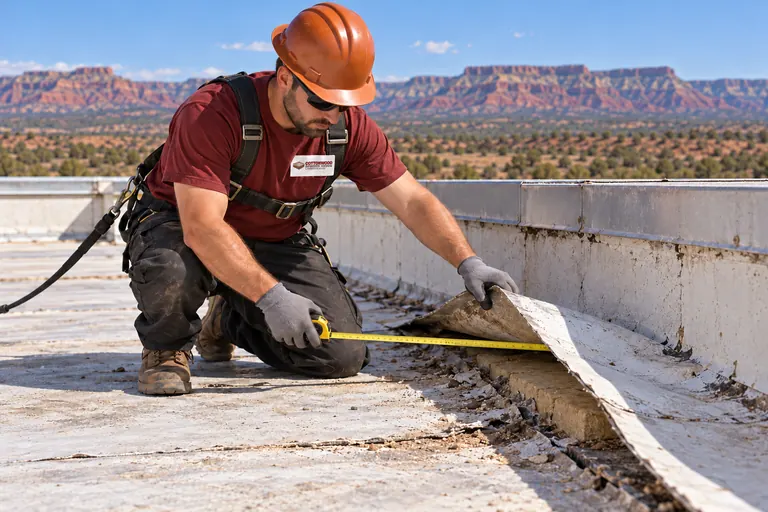 Roofer measuring a lifted membrane edge with a tape measure during an inspection