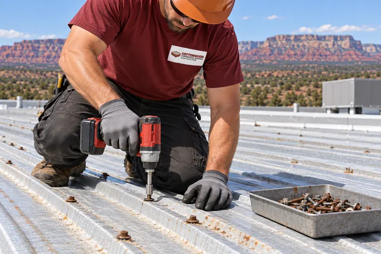 Roofer replacing worn exposed fasteners on a ribbed metal panel roof