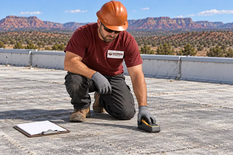 Roofer pressing a moisture meter against a worn gray membrane