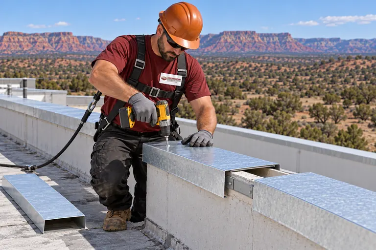 Roofer fastening metal coping cap on a parapet wall with a drill