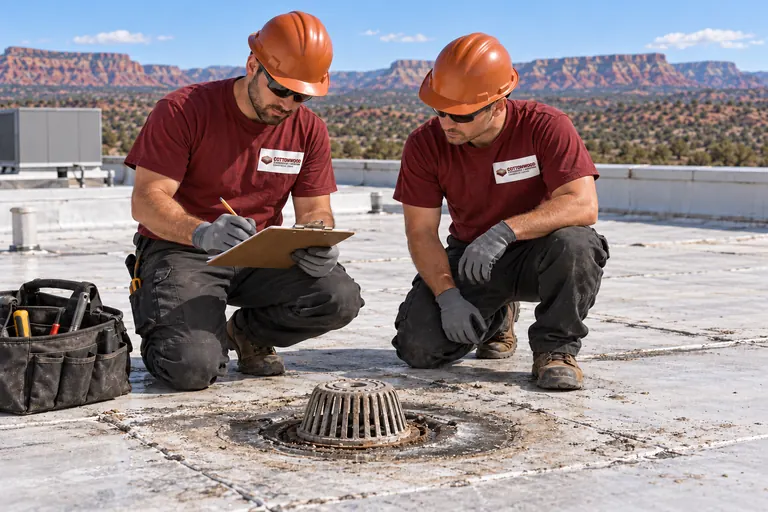 Crew lead checking items off a clipboard beside a roof drain