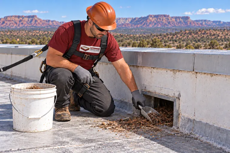 Roofer scooping juniper debris and red dust out of an overflow scupper at a parapet