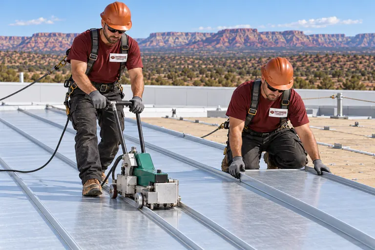 Roofers closing standing-seam metal panels with an electric seamer