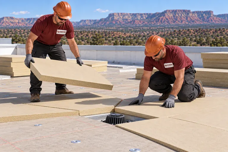 Roofers laying tapered insulation boards toward a roof drain