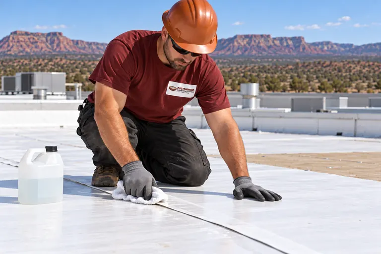 Roofer cleaning a white TPO lap with membrane cleaner before welding