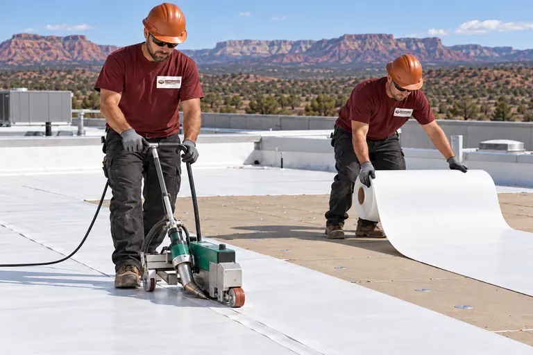 Roofer guiding a hot-air welder along a white TPO seam