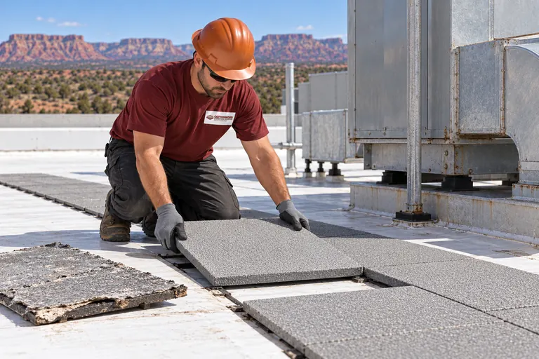 Roofer replacing a section of walkway pad around rooftop equipment