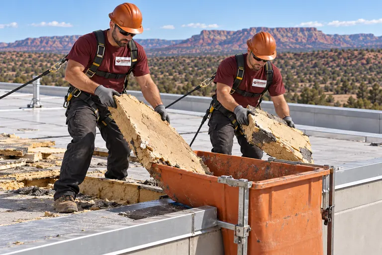 Two roofers loading torn-off wet insulation into a debris chute at the roof edge