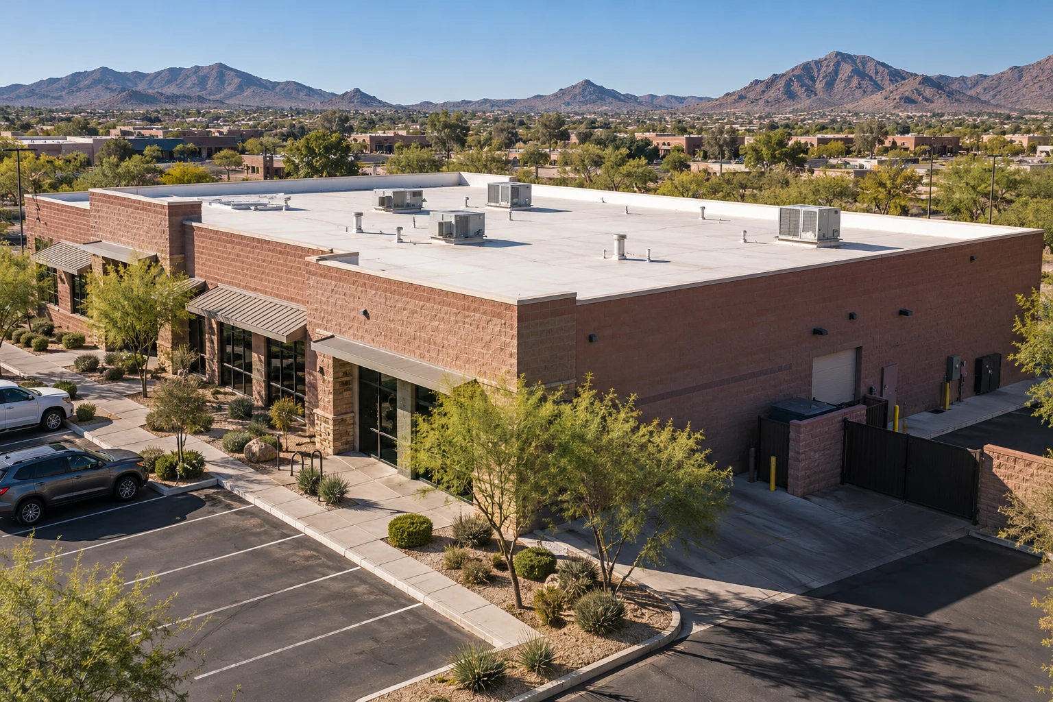 Low-rise commercial building with a parapet roof